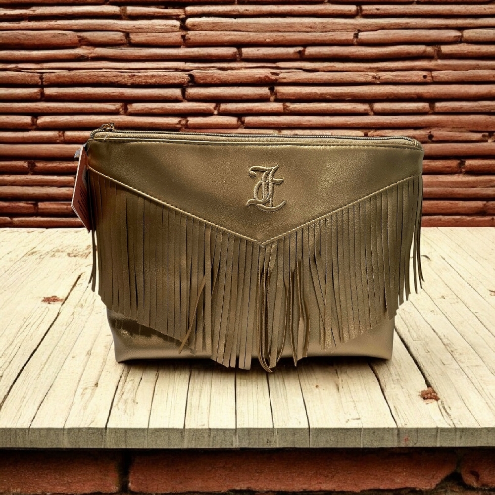Juicy Couture Fringed Gold Cosmetic Clutch Bag With Embroidery Logo 13"x8" NWT